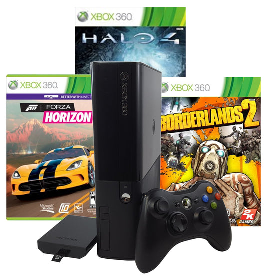 Restored Microsoft Xbox 360 E 250Gb Borderlands 2, Halo 4, And Forza Horizon Bundle (Refurbished)