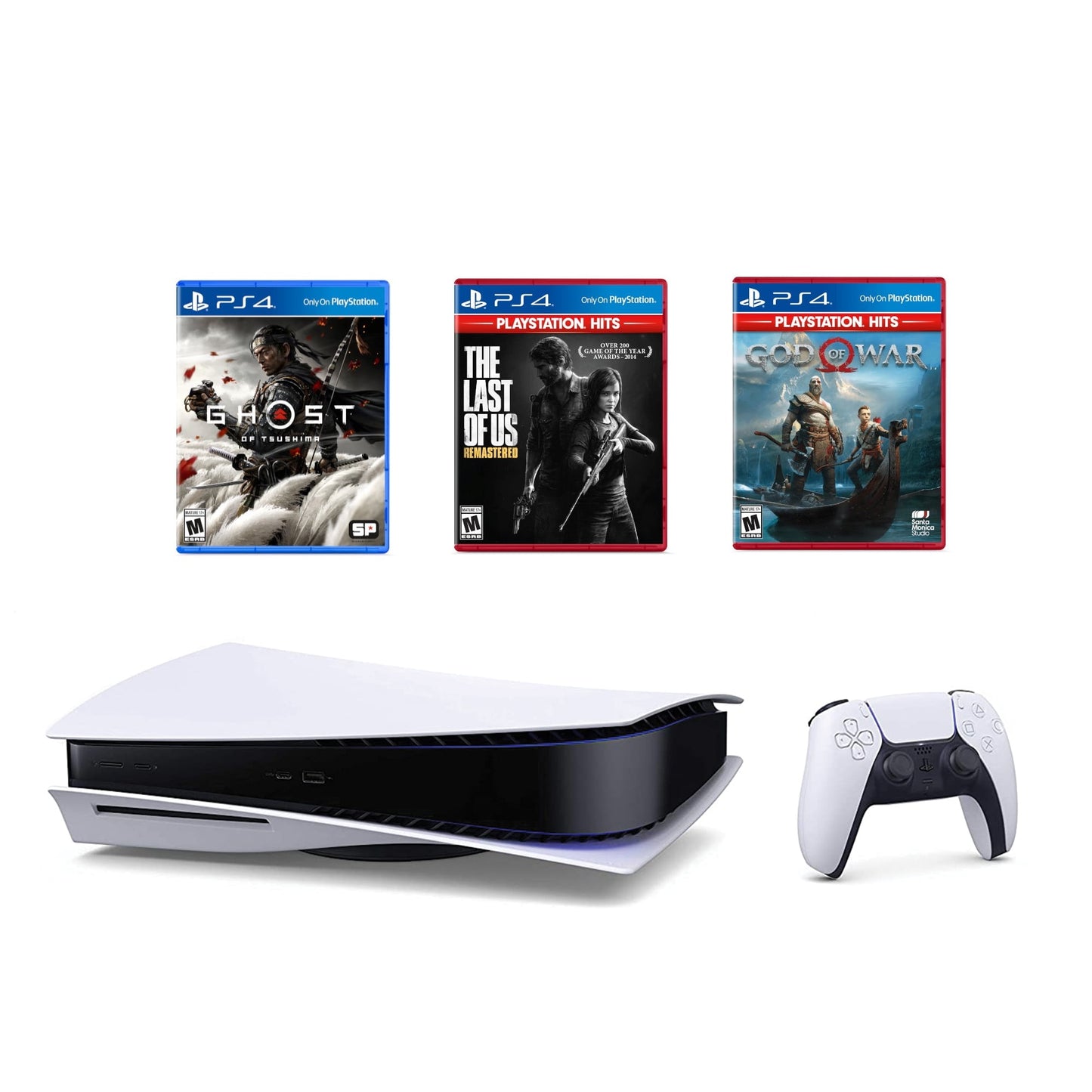 Sony Playstation 5 Must-Play Games Bundle: Disc Version Console With Wireless Controller With The Last Of Us Remastered, God Of 