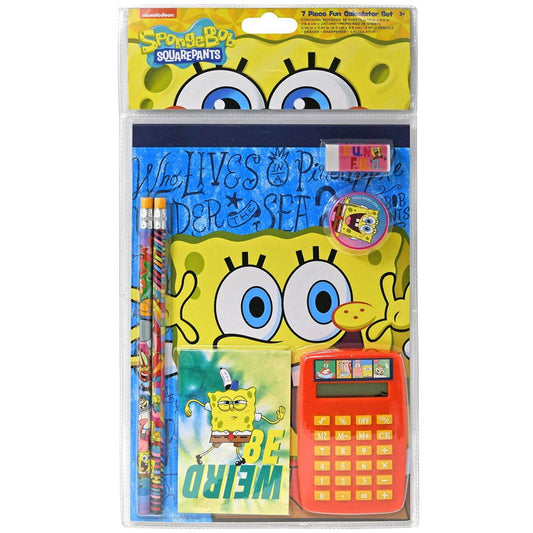 Spongebob Squarepants 7Pc Calculator Set, With Pencil, Eraser, Notepad, Sharpener