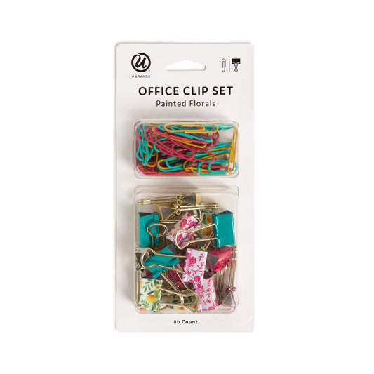 U Brands Painted Florals Assorted Clip Set, Steel, Multi-Color, Assorted Sizes, 80 Piece, 5379U