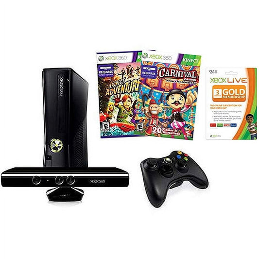Pre-Owned Microsoft Xbox 360 - Holiday Bundle - Game Console - 250 Gb Hdd - Glossy Black - Kinect Adventures, Carnival Games: Mo